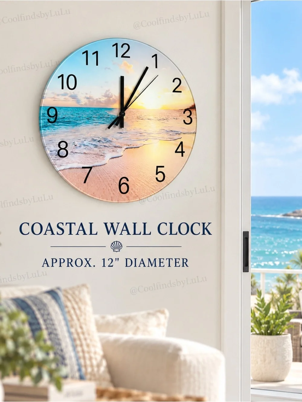 Coastal Beach Scene Wall Clock in Blue and Peach